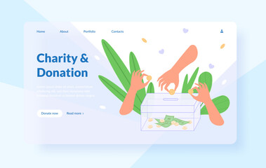 Fundraiser layout websites. Online fundraising creative medical banner template, mobile donations volunteers charity contributor social help digital endowment, vector illustration
