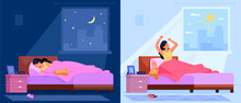 Sleep and wake up in bedroom. Lazy sleeping happy woman and waking early stretching morning at sunrise window, awake lady sitting mattress bed in home room, vector illustration