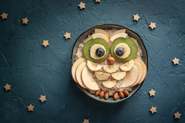 Wall Mural - Kids breakfast porridge look like cute owl with fruits and nuts