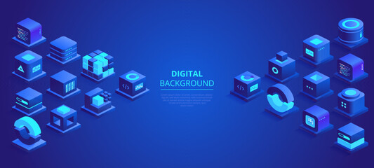 Web banner design of digital technologies concept. Abstract isometric cubes with text place on blue background. Online communication and blockchain. Vector illustration of advertising landing page