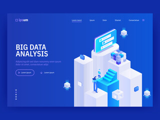 big data analysis website landing page template. abstract 3d datacenter. network mainframe infrastru