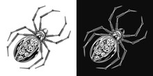Metallic Spider In Steampunk Style With Gears. Creative Spooky, Scary, Horror Design Element For Halloween Decor. Monochrome Creative Detailed Vector Illustration