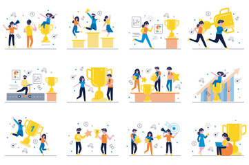 Poster - Business award concept with tiny people scenes set in flat design. Bundle of men and women getting reward, trophy or prize for goal achievement and career development. Vector illustration for web