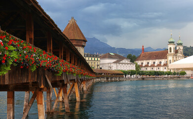 Poster - Summer view of the Chapel bridge, famous place on lake Luzern Switzerland, Europe