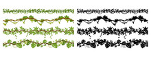 Cartoon Jungle Liana Branches, Hanging Creepers Seamless Dividers. Tropical Green Liana Plants With Flowers And Foliage Flat Vector Illustration Set. Jungle Rainforest Lianas Silhouettes