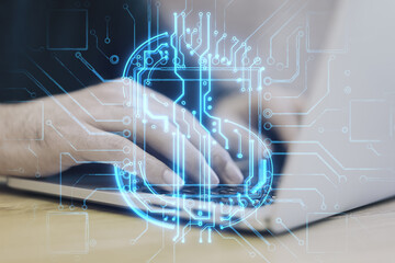 Aufkleber - Close up of male hands using laptop with abstract glowing blue circuit dollar hologram on blurry background. Online banking and financial technology concept. Double exposure.