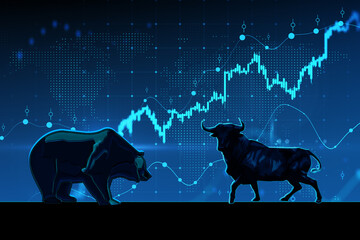 Poster - Creative abstract bearish and bullish forex chart on blurry backdrop. Stock market exchange and financial analysis. 3D Rendering.