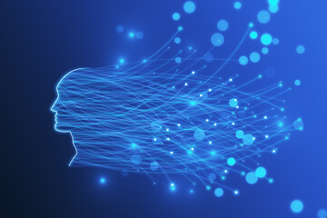 Poster - Abstract digital head outline with glowing lines and blurry bokeh circles on blue wallpaper. Technology, future, ai and machine learning concept. 3D Rendering.