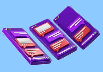 Poster - Phone with messages. Phone models in different positions. Smartphone visualization with notifications. SMS marketing concept. Phone with SMS message on turquoise. Message in messenger. 3d rendering.