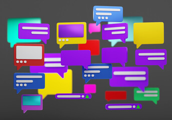 Poster - SMS notifications. Message icons. Background with notification clouds. Dialogue bubbles on gray background. Background for SMS marketing banner. Selective focus. SMS correspondence. 3d rendering.