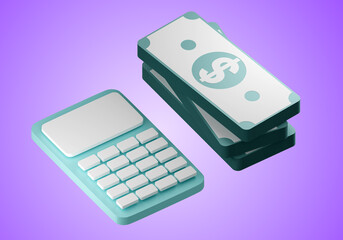 Poster - Business and investment. Calculator with dollar bills. Stack of money on pink. Concept of calculating investment income. Calculation of return on invested funds. investment calculator. 3d rendering.