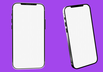 Poster - Mobile phone. Phone with blank screen. Smartphone with white screen. Visualization of phone in different positions. Smartphone on purple dot mobile offer. Place for application. 3d rendering.