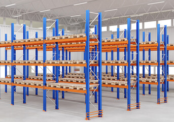 Poster - Warehouse hangar from inside. Multi-tier racks with pallets. Warehouse without anyone. Racks for long-term storage of products. Warehouse rental concept. Storage company. 3d rendering.