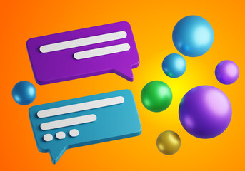 Poster - SMS chatting. Dialog clouds from applications. Concept of chatting in mobile phone. New notification in messenger. Notification from SMS chat in orange. Message exchange. 3d rendering.