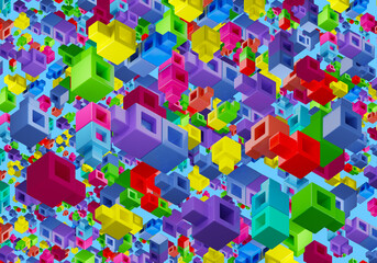 Poster - Kids abstract background. Multicolored background from constructor. Geometric children wallpaper. Decorated with colorful blocks. Kids scenery for advertising design. Rainbow background. 3d image.