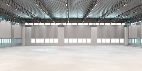 Poster - Empty warehouse. Empty building for storage. Background from empty warehouse hangar. Place to store manufactured products. Warehouse rental concepts. Hangar with square windows. 3d image.