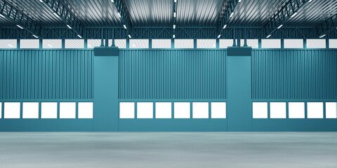 Poster - Empty building background. Empty industrial building. Empty industrial room background. Building with metal walls. Place for warehouse or production. Hangar with square windows. 3d image