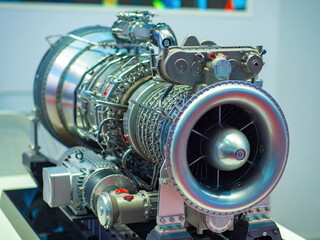 Poster - marine dual-fuel gas turbine engine. engineering equipment. turbine close up. heavy industry concept