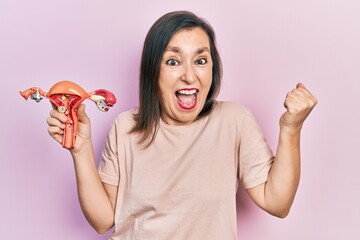 Poster - Middle age hispanic woman holding anatomical model of female genital organ screaming proud, celebrating victory and success very excited with raised arms