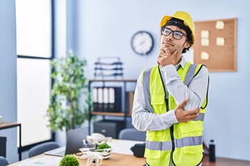 Sticker - Hispanic man wearing architect hardhat smiling looking confident at the camera with crossed arms and hand on chin. thinking positive.