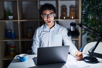 Poster - Hispanic man working at the office at night in shock face, looking skeptical and sarcastic, surprised with open mouth