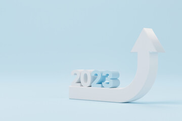 Wall Mural - Arrow sign growth moving up and 2023 year calendar date on light blue background. Business development to success and growing annual revenue growth concept. 3d illustration