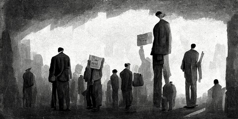 Wall Mural - Unemployed people and unemployment, jobless men, job seekers, waiting for work opportunities, out of work and waiting for a job, sacked dismissed or between jobs