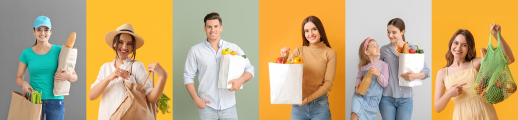 Wall Mural - Group of people with grocery bags and fresh products on color background
