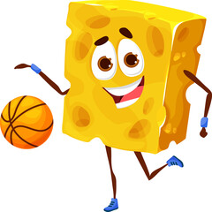 Wall Mural - Cartoon cheese piece personage playing basketball