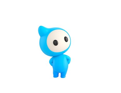 Blue Monster character hides hands behind back and look up in 3d rendering.