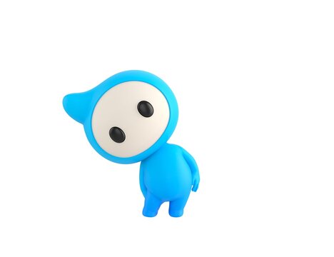 Blue Monster character tilt body to side in 3d rendering.