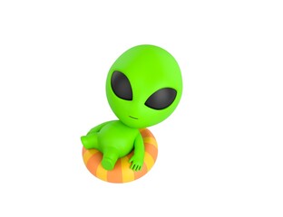 Wall Mural - Little Alien character sitting on the inflatable ring in 3d rendering.