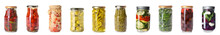 Collage Of Jars With Canned Vegetables On White Background