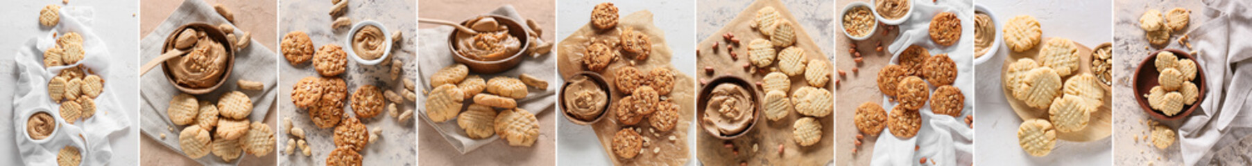 Collage of tasty cookies with peanut butter on grunge background