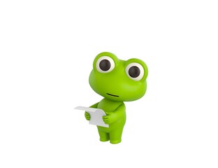 Wall Mural - Little Frog character reading paper and looking to camera in 3d rendering.