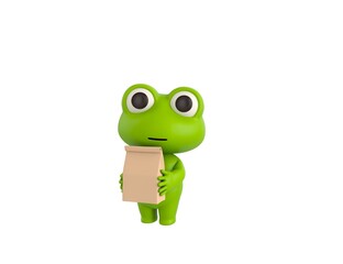 Poster - Little Frog character holding paper containers for takeaway food in 3d rendering.