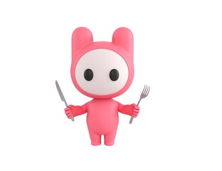 Wall Mural - Pink Monster character holding cutlery in 3d rendering.