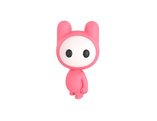 Sticker - Pink Monster character standing and look up to camera in 3d rendering.