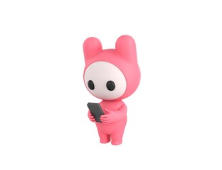 Poster - Pink Monster character types text message on cell phone in 3d rendering.