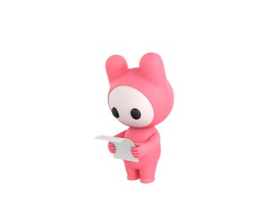 Sticker - Pink Monster character reading paper in 3d rendering.