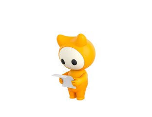 Sticker - Yellow Monster character reading paper in 3d rendering.