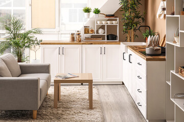 Canvas Print - Interior of stylish kitchen with white counters, utensils and houseplants