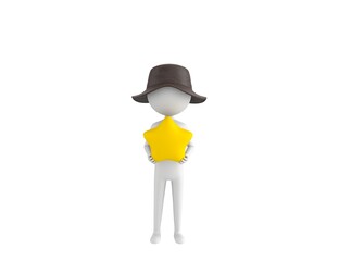 Poster - Stick Man Wear Leather Bucket Hat character holding star in 3d rendering.