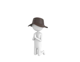 Poster - Stick Man Wear Leather Bucket Hat character kneeling and pray in 3d rendering.