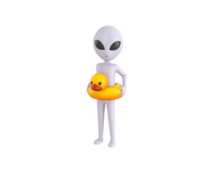 Poster - Grey Alien character with inflatable duck ring in 3d rendering.