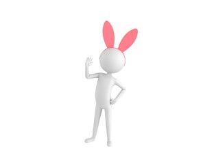 Sticker - Stick Man Wearing Pink Bunny Headband character greeting in 3d rendering.