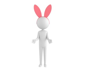 Wall Mural - Stick Man Wearing Pink Bunny Headband character show welcome gesture in 3d rendering.