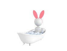 Stick Man Wearing Pink Bunny Headband Character Lying In Bath Tub With Foam In 3d Rendering.