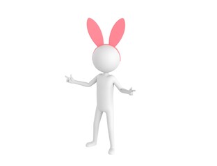 Wall Mural - Stick Man Wearing Pink Bunny Headband character pointing index finger both two side in 3d rendering.