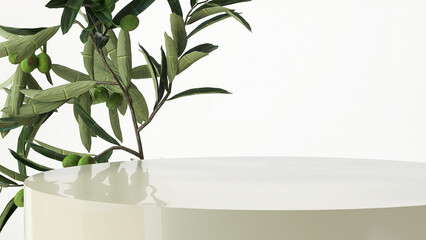 Blank empty glossy green beauty products podium with natural mediterranean olive twig in background, white. Realistic, Display, Showcase, Cylinder, Extract, Cosmetics, Platform, Advertising, Templates